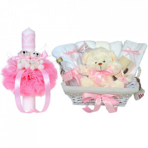 Cos cadou botez trusou si lumanare, Ursuleti, decor Roz buline, Denikos® 633