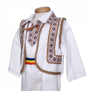 Costum traditional baietel, 5 piese, alb - maro, Denikos® 1012