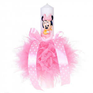 Lumanare botez baby girl, tul "ciufulit" roz si fundita cu buline, Denikos® 85