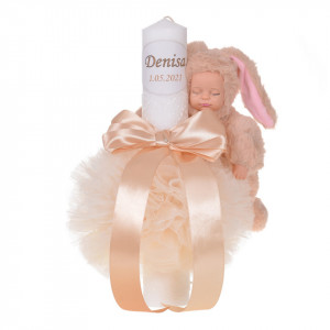 Lumanare botez cu iepuras, personalizata si trusou botez in landou, decor Ivoire cu floricele, Denikos® 800