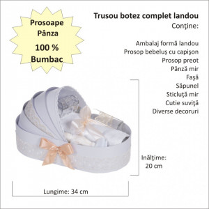 Lumanare botez cu iepuras, personalizata si trusou botez in landou, decor dantela Crem, Denikos® 878