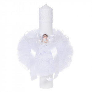 Lumanare botez diafana, cu ingeras, decor alb, Denikos® 65