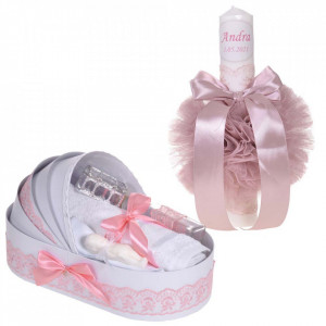 Lumanare botez personalizata si trusou botez in landou, decor dantela Roz Pudra, Denikos® 866
