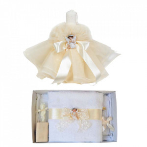 Lumanare botez tul si ingeras si trusou botez dantela, decor Ivoire, Denikos® 624