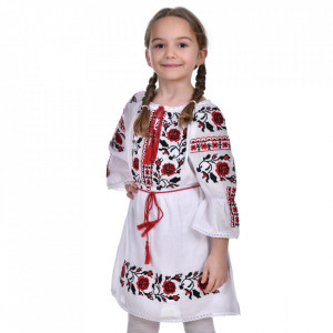 Rochie nationala fetita, alba, broderie florala rosie, cu cordon, 1 - 16 ani, DNK0171