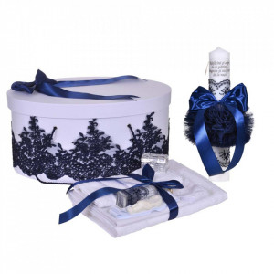 Set botez trusou, lumanare cu mesaj si cutie trusou decor dantela lata Bleumarine, Denikos® C1126