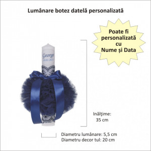 Set elegant trusou botez, cutie trusou si lumanare personalizata cu nume, decor dantela Bleumarin, Denikos® 936