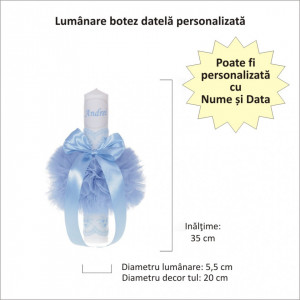 Set elegant trusou botez, cutie trusou si lumanare personalizata cu nume, decor dantela Bleu, Denikos® 940