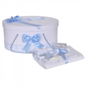 Set trusou botez si cutie trusou, dantela si fundite, decor Bleu, Denikos® 843