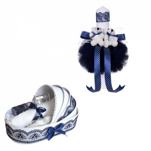 Trusou botez in landou si lumanare glob cu ursuleti, decor bleumarin Denikos® 156