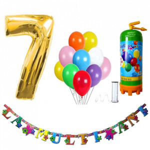 Butelie heliu, cifra 7 balon folie, banner si 10 baloane latex
