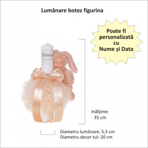 Lumanare botez cu iepuras, personalizata si trusou botez in landou, decor Ivoire cu floricele, Denikos® 800