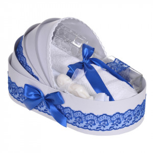 Lumanare botez cu iepuras, personalizata si trusou botez in landou, decor dantela Albastra, Denikos® 876