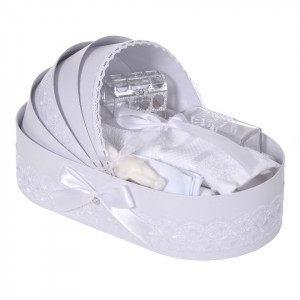 Lumanare botez cu iepuras, personalizata si trusou botez in landou, decor dantela Alba, Denikos® 880