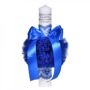 Lumanare botez cu mesaj, decor albastru, cu fundita si dantela, Denikos® C1035