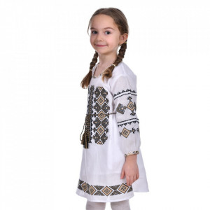 Rochie populara fete, alba, broderie auriu cu negru, cu cordon, 1 - 16 ani, DNK0172