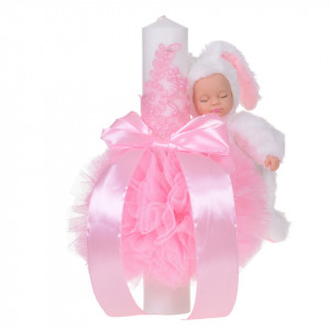 Set elegant trusou botez, cutie trusou si lumanare iepuras pufos, dantela si fundite, decor Roz, Denikos® 926
