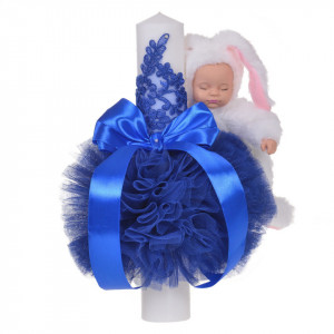 Set elegant trusou botez, cutie trusou si lumanare iepuras pufos, dantela si fundite, decor Albastru, Denikos® 930