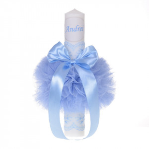 Set elegant trusou botez, cutie trusou si lumanare personalizata cu nume, decor dantela Bleu, Denikos® 940