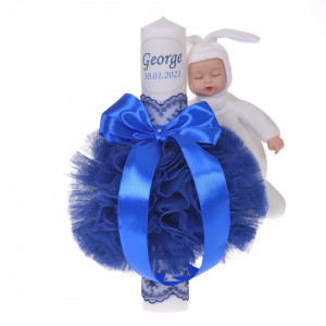 Set elegant trusou botez, cutie trusou si lumanare personalizata cu nume, decor dantela Albastra cu iepuras, Denikos® 948