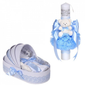Set lumanare botez cu mesaj si ursulet si trusou botez in landou, decor dantela bleu ingusta, Denikos® C1080