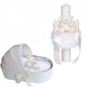 Set lumanare botez cu ursulet si trusou botez in landou, decor dantela ivoire lata, Denikos® C1097