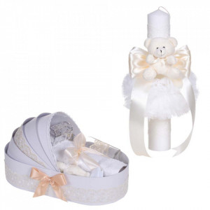 Set lumanare botez cu ursulet si trusou botez in landou, decor dantela crem ingusta, Denikos® C1110