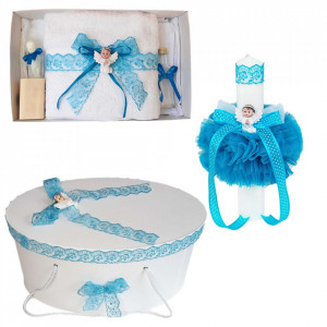 Set trusou botez, cutie trusou si lumanare, dantela si Ingeras, decor Turcoaz, Denikos® 561