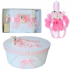 Set trusou botez, cutie trusou si lumanare, Ursulet, dantela roz, Denikos® 467