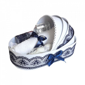 Trusou botez complet, in landou, decor elegant cu dantela bleumarin Denikos® 146