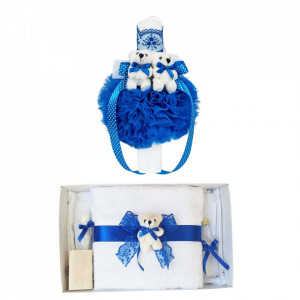 Trusou botez cu ursulet si lumanare glob, dantela si ursuleti, decor albastru, Denikos® 601