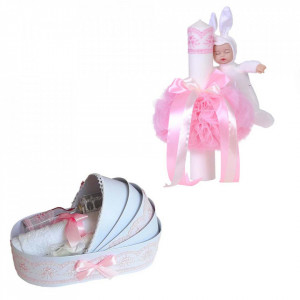 Trusou botez in landou cu dantela si lumanare cu iepuras, decor roz Denikos® 169