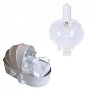 Trusou botez in landou si lumanare cu ingeras, decor alb Denikos® 110