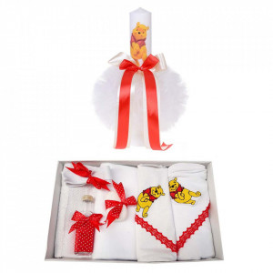 Trusou botez si lumanare cu ursulet, decor rosu, Denikos® 127