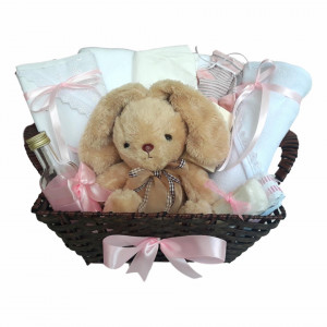 Cos cadou trusou botez, Iepuras, decor Roz, 12 piese, Denikos® 658