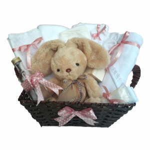 Cos cadou trusou botez, Iepuras, decor Roz prafuit, 12 piese, Denikos® 653