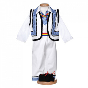 Costum popular baietel, 5 piese, alb - albastru, Denikos® C9294