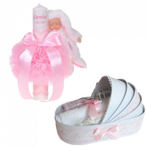 Lumanare botez cu iepuras, personalizata si trusou botez in landou, decor Roz, Denikos® 797