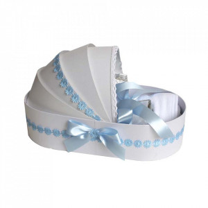 Lumanare botez cu iepuras, personalizata si trusou botez in landou, decor Bleu cu floricele, Denikos® 801
