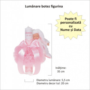 Lumanare botez cu iepuras, personalizata si trusou botez in landou, decor Roz cu floricele, Denikos® 799