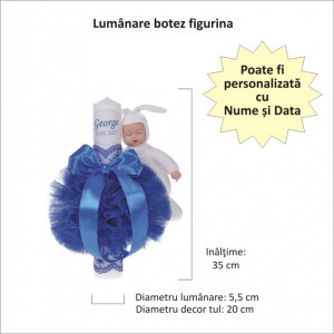 Lumanare botez cu iepuras, personalizata si trusou botez in landou, decor dantela Albastra, Denikos® 876