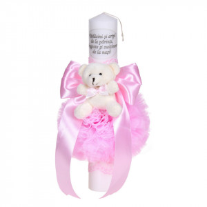 Lumanare botez cu mesaj decor roz, cu fundita, dantela si ursulet Denikos® C1044