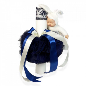 Lumanare botez jucarie iepuras, decor bleumarin, Denikos® 403