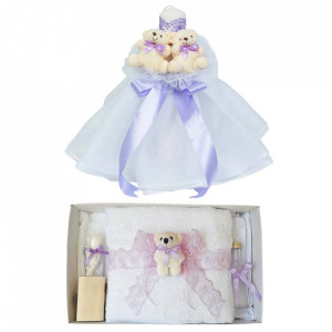 Lumanare botez tul si ursuleti si trusou botez dantela, decor Lila, Denikos® 618