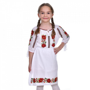 Rochie nationala fete, alba, broderie traditionala, 1 - 16 ani, DNK0173