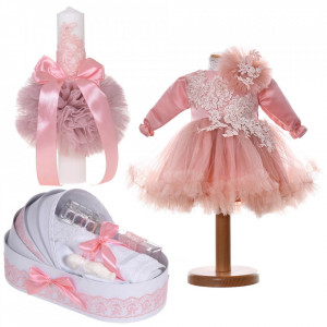 Set botez fetita, rochita 2 piese, trusou botez in landou si lumanare, decor roz pudra, Denikos® C9193
