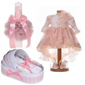 Set botez, rochita cu trena, 3 piese, trusou botez si lumanare, decor dantela dusty rose, Denikos® C9199