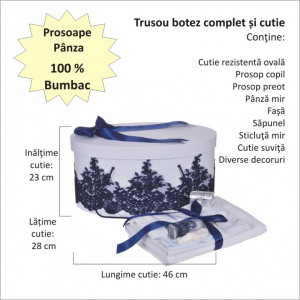 Set elegant trusou botez, cutie trusou si lumanare personalizata cu nume, decor dantela Bleumarin, Denikos® 936