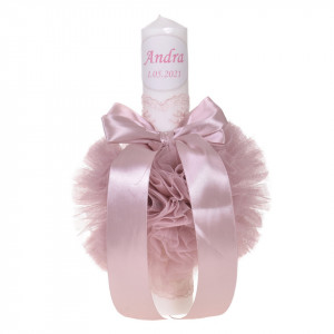 Set elegant trusou botez, cutie trusou si lumanare personalizata cu nume, decor dantela Roz pudra, Denikos® 938