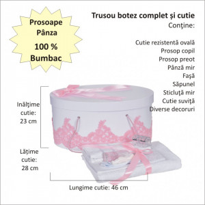 Set elegant trusou botez, cutie trusou si lumanare personalizata cu nume, decor dantela Roz cu iepuras, Denikos® 944
